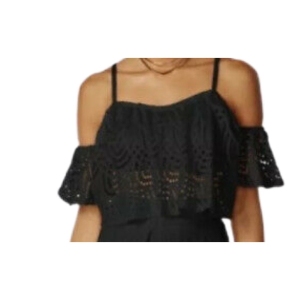 black Lace Cold-Shoulder Crop Top-Black (Small)